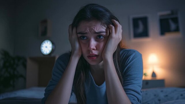 A young woman struggles with anxiety and stress, sitting alone in a dimly lit room, reflecting deep emotional turmoil and inner conflict at night.