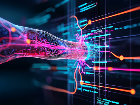 Futuristic digital interface featuring human hand interacting with data streams and technology visualizations