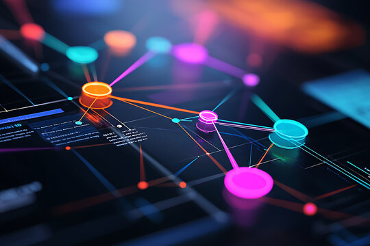 Abstract digital network visualization with colorful nodes and connections representing data flow and technology interface