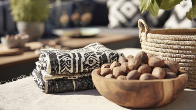 shea. Mud cloth fabric with shea nuts and woven basket, West African craft and natural decor. event programs, museum guides, designed for cultural heritage projects and event programs.
