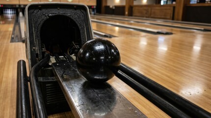 Black bowling ball positioned on metal return track with empty polished lanes in background, perspective view highlighting equipment and lane depth in indoor alley setting