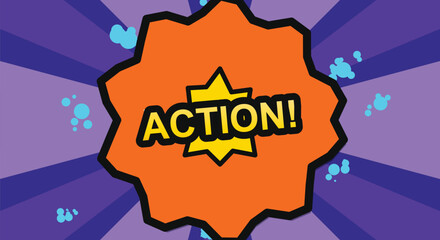 Energetic pop art comic burst text action, vibrant background, superhero style, graphic design element, dynamic display. © masuk stock