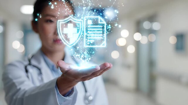 Doctor holding a holographic medical shield and document icon representing healthcare security and insurance, health data protection, medical record safety