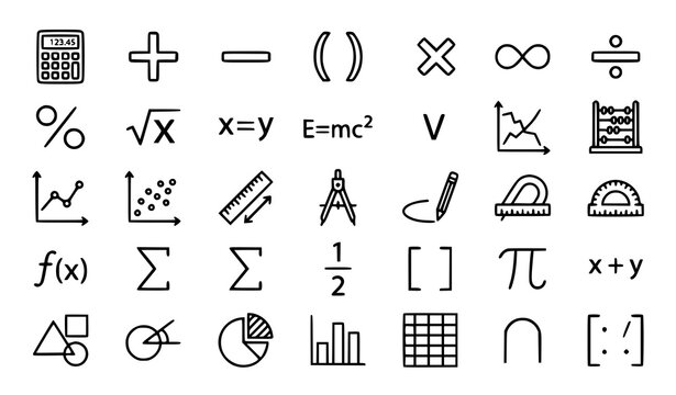 Business Calculation and Mathematical Operations Thin Line Icons Black White Vector Pack