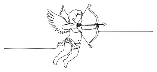 Fototapeta premium Cupid with bow and arrow continuous line drawing, cherub angel of love for Valentine's Day minimalist illustration