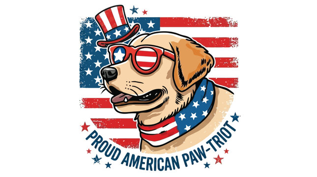 Patriotic Labrador Retriever vector illustration, Proud American Paw-triot dog with flag and sunglasses, vintage Fourth of July t-shirt design