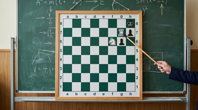 Demonstration chess board mounted on easel in classroom with instructor hand pointing to square, educational strategy lesson and analysis during instructional session