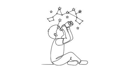 Child looking at stars through telescope, constellation line art © Padel