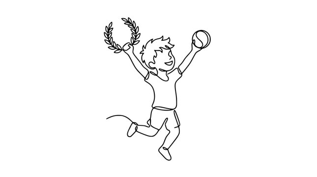 Joyful Boy Jumps with Laurel Wreath and Ball, Celebrating Victory