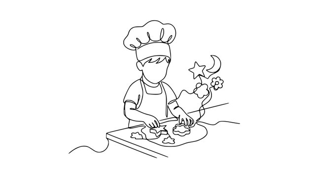Child baker decorating cake with star and moon shapes, continuous line drawing