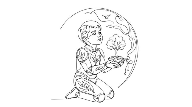 Boy holding sapling in hands, nurturing nature, environmental protection concept