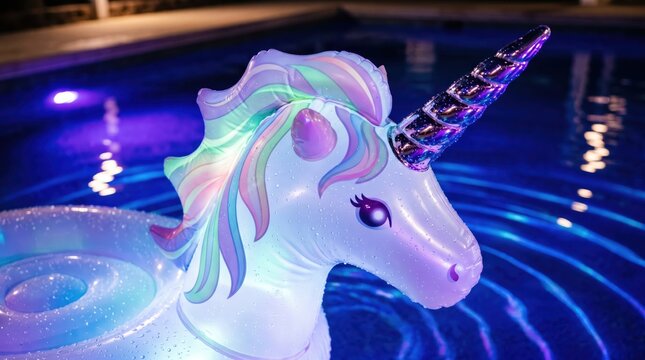 Inflatable unicorn pool float illuminated by colorful led lights, close up in calm nighttime pool with reflective blue water and playful party vibe