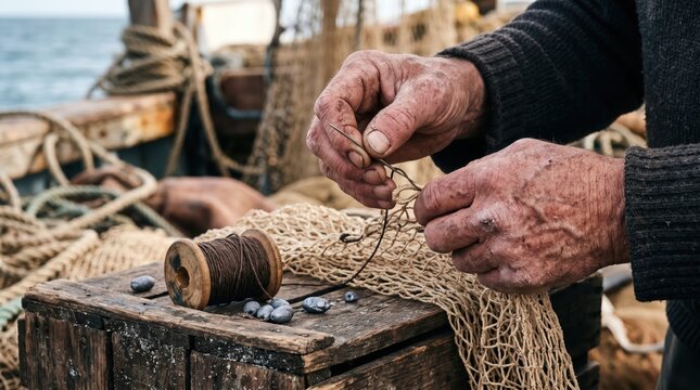 Close-up of weathered hands mending fishing net with twine, sinkers on wooden boat deck at sea; fisherman repairing gear, evoking tradition, craft and coastal livelihood