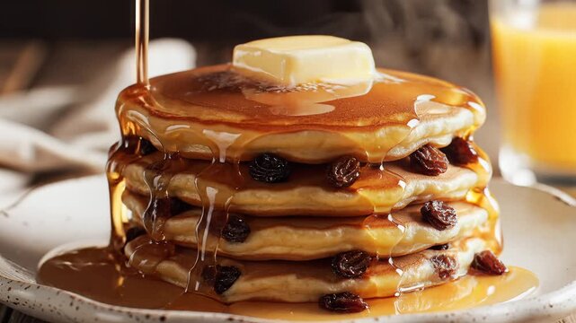 Stack of golden brown pancakes with raisins dripping with syrup and topped with butter and a glass of orange juice in the background