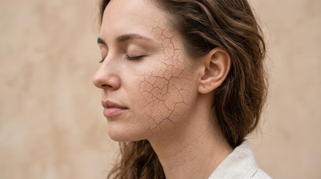 Side profile of woman with fissured dry skin against neutral background suggesting skin dehydration and skincare treatment concept with eyes closed and peaceful expression