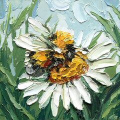 Oil painting bumblebee on white daisy flower against soft green and blue background, painted with thick palette knife strokes. © Hanna