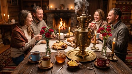 Obraz premium Four adults sharing tea around wooden table with brass samovar in rustic cabin by lit fireplace, smiling and conversing in cozy evening gathering.