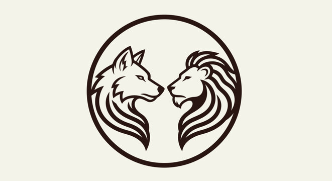 Wolf and lion head logo design in circle