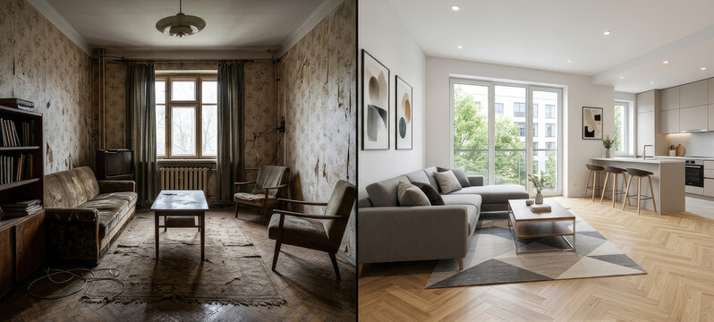 The image presents a before-and-after comparison of a living room. The left side shows a dated, worn living room with a floral wallpaper, a brown leather sofa, and a dark, cluttered aesthetic.