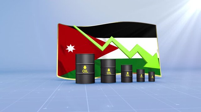 Jordan Oil Price Falling with Oil Barrels Downward Green Arrow and 3D Financial Data Visualization Graphs for Economy and Business Concept