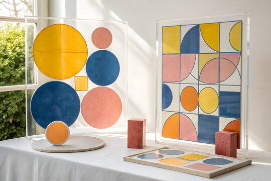 Geometric art tabletop display circles semicircles rectangles colorful yellow blue pink modern abstract creative design balanced composition artistic illustration   generative ai