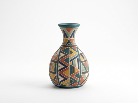 Traditional ceramic vase with colorful geometric patterns isolated on white background
