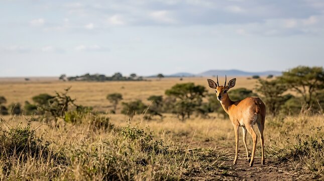 Alert wild antelope looking back on a savanna path under a blue sky