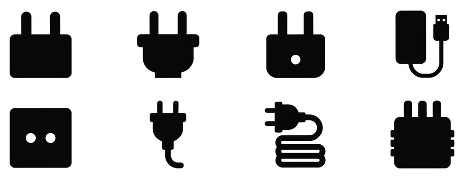 Black silhouette of various electrical plugs and sockets on white power plug usb plug adapter