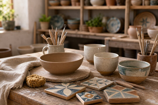 Artisan ceramics workbench in local craft workshop