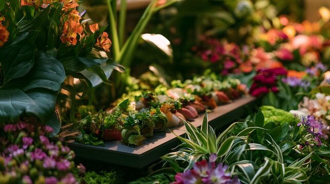 An ic and luminous display of sushi adorned with lush greenery and vibrant blooms creating an inviting culinary scene