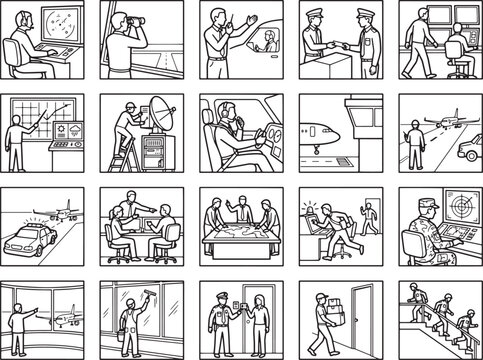Storyboard of air traffic control operations and airport activities, showcasing various scenarios related to aviation management and passenger services, presented in a series of comic strip panels.