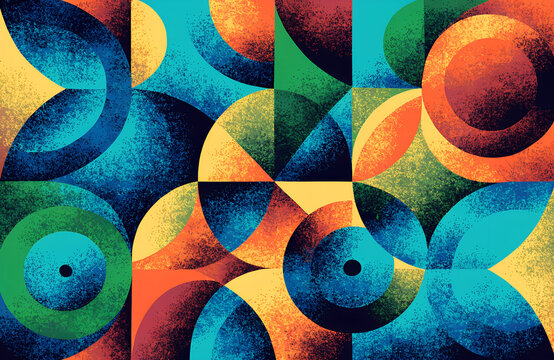 Abstract geometric overlapping circles triangles semicircles vibrant teal orange yellow red textured modern art dynamic rhythm movement artistic design illustration   generative ai