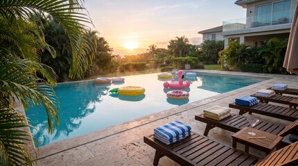 Fototapeta premium Luxurious villa poolside at sunset with inflatable floats on water and empty lounge chairs by tropical garden, relaxed warm evening vacation atmosphere