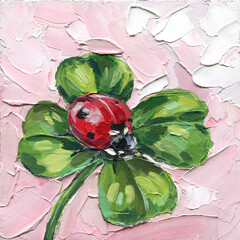Textured oil painting red ladybug sitting on green clover leaves against soft pink background, thick palette knife strokes. © Hanna