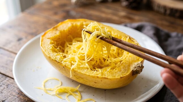Freshly Baked Spaghetti Squash Strands Served on a White Plate