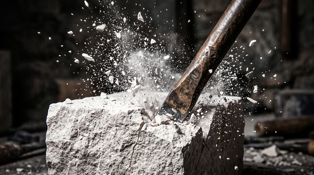 High-speed macro photography of a metal chisel striking and breaking a block of white stone with dust and debris flying in the air