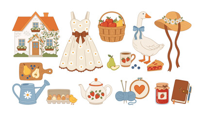 Cottagecore elements transparent vector set, rustic countryside goose dress house and cozy autumn garden picnic icons. © Creative Studio 