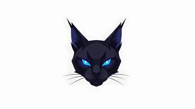 Cat head illustration showcases intense blue glowing eyes and sharp ears against a bright white background.