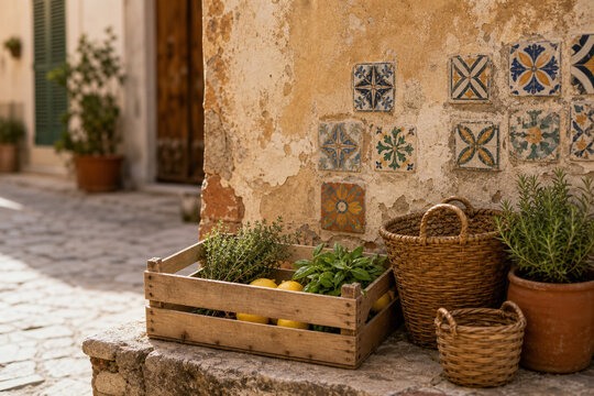 Handmade tiles baskets and herbs on old town wall