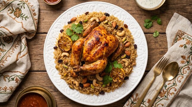 Roasted Whole Chicken on Spiced Kabsa Rice with Nuts and Raisins served on an Ornate White Plate over a Rustic Wooden Table