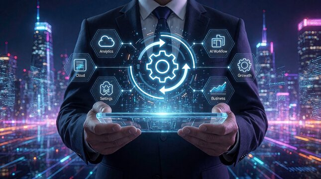 A professional businessman holding a tablet displaying an AI-powered business automation dashboard, having illuminated hexagonal UI panels display, icons, Analytics, Cloud, AI Workflow above on it.