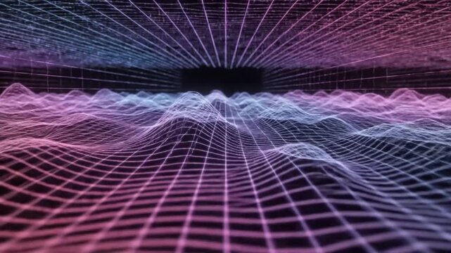 Abstract digital landscape of oscillating network grid with a futuristic perspective and vibrant color gradients