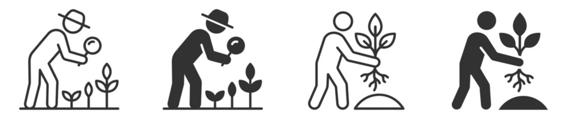 Plant inspection and planting icons depicting a person examining plants with a magnifying glass and another person planting a small plant on transparent background © gerik_a