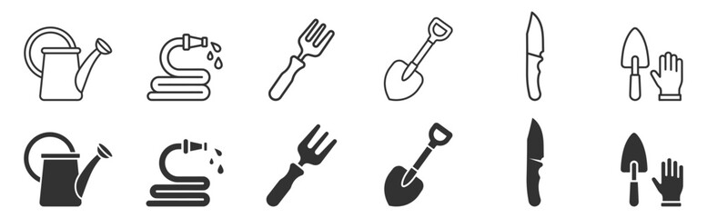 gardening tools line and solid icons set with watering can hose fork shovel knife trowel and glove on transparent background © gerik_a