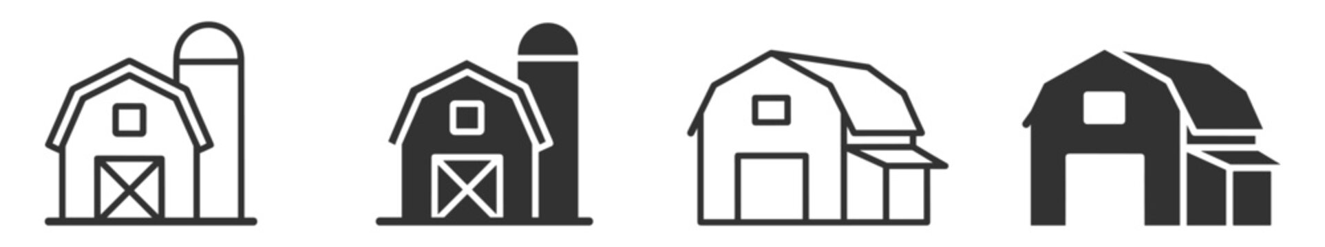 farm barn building icons set of outlined and solid versions for agriculture and rural construction on transparent background