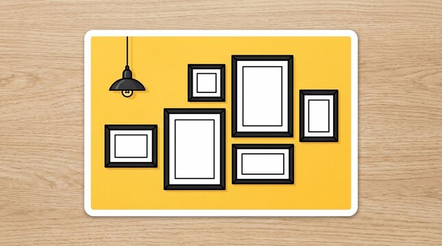 Picture frames on wooden table with hanging lamp