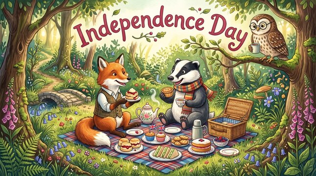 A whimsical, hand-painted style forest scene featuring a fox and a badger having an Independence Day picnic, with an owl perched above and various desserts spread on a blanket in a lush meadow.