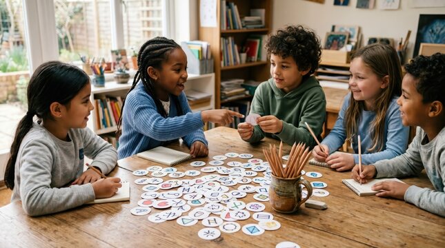 Group of children playing educational matching card game at wooden table in classroom, diverse kids collaborating and learning together during creative activity