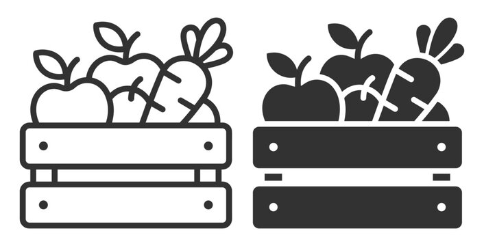 wooden crate with apples and carrots vector icon set on transparent background