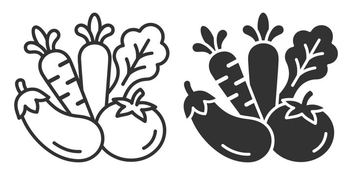 vegetable icon set with eggplant carrot tomato and leafy greens line and solid styles on transparent background